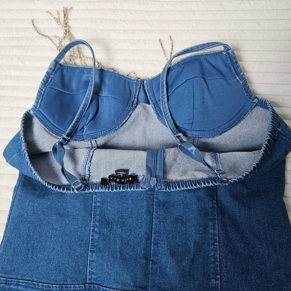 Haute Monde Denim Rhinestone Fringe Corset Bodysuit Blue Cowgirl Western Glam - Picture 8 of 10